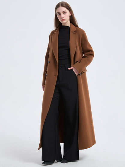 MN0013 Women's 70% Wool Coat, Winter Long-sleeved Double-breasted Coat with Pocket and Belt