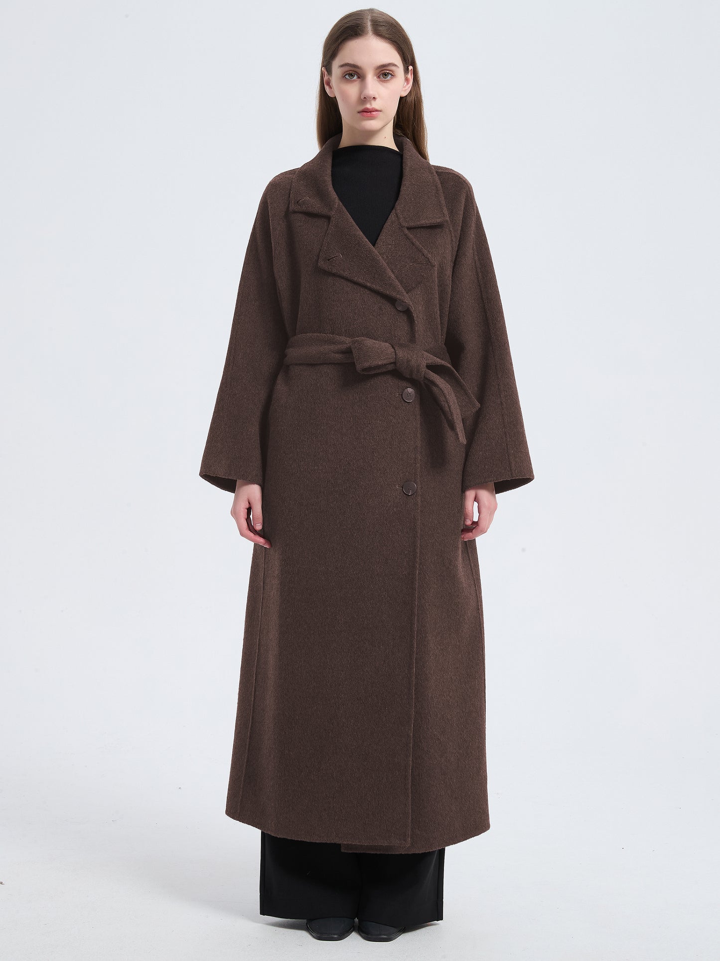 MN003 Women's 70% Wool Coat, Floor Length, Winter Standing Collared Wool Coat with Belt