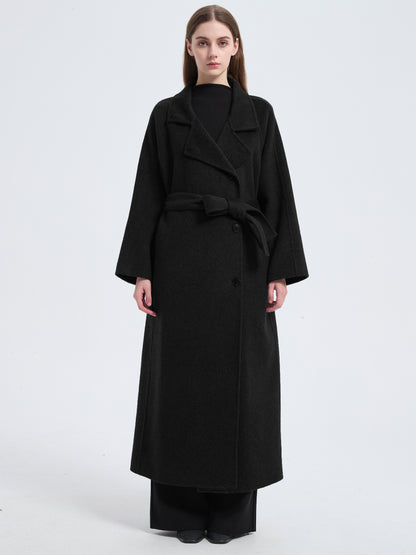 MN003 Women's 70% Wool Coat, Floor Length, Winter Standing Collared Wool Coat with Belt