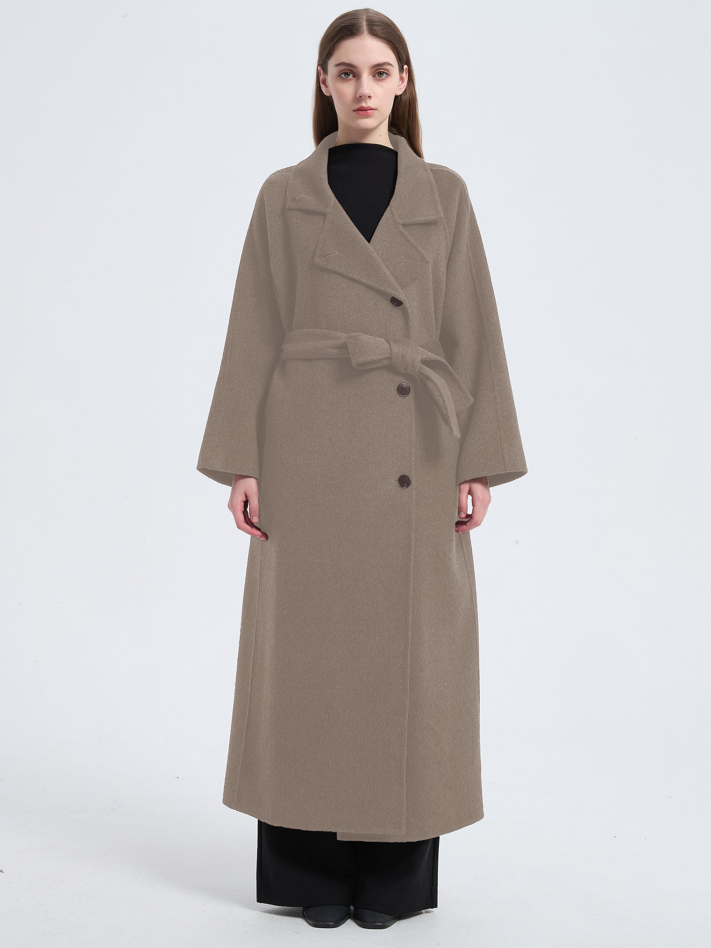 MN003 Women's 70% Wool Coat, Floor Length, Winter Standing Collared Wool Coat with Belt