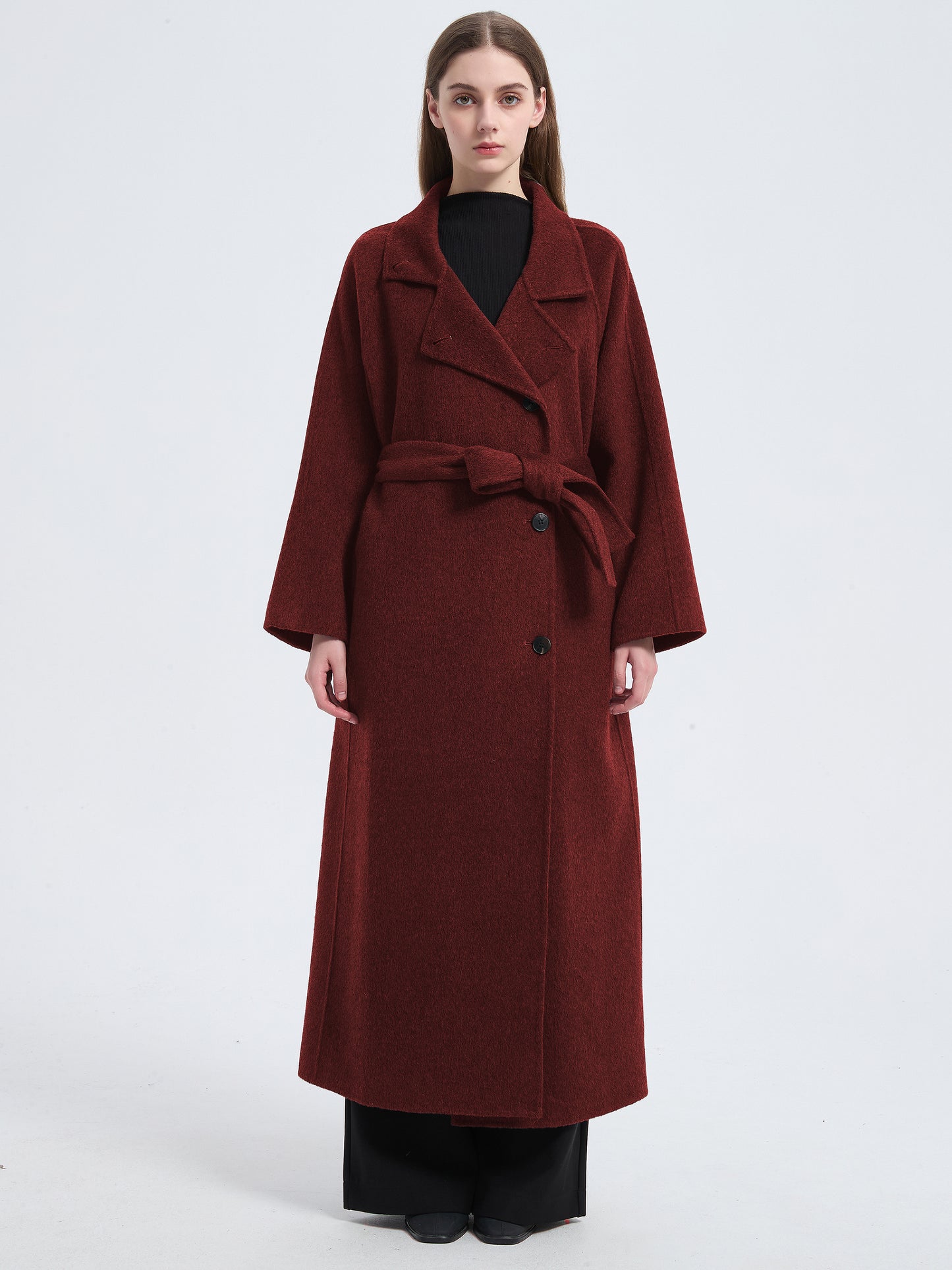 MN003 Women's 70% Wool Coat, Floor Length, Winter Standing Collared Wool Coat with Belt
