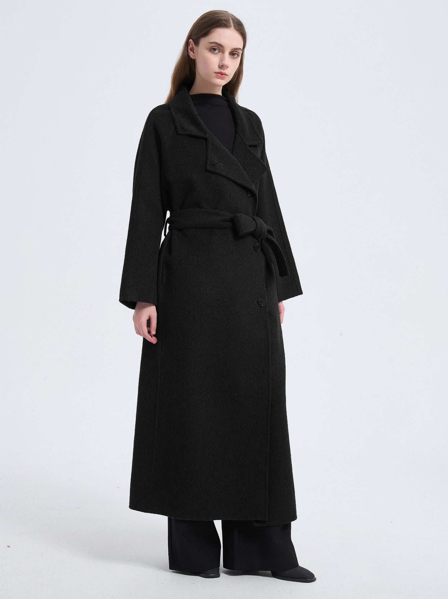 MN003 Women's 70% Wool Coat, Floor Length, Winter Standing Collared Wool Coat with Belt