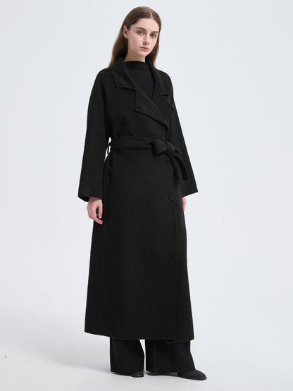 MN003 Women's 70% Wool Coat, Floor Length, Winter Standing Collared Wool Coat with Belt