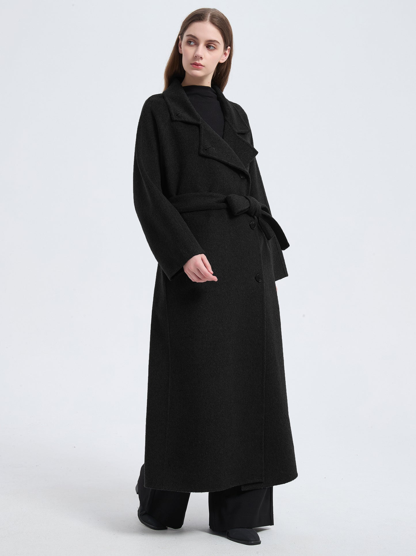 MN003 Women's 70% Wool Coat, Floor Length, Winter Standing Collared Wool Coat with Belt