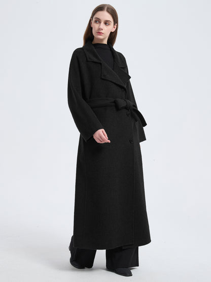 MN003 Women's 70% Wool Coat, Floor Length, Winter Standing Collared Wool Coat with Belt