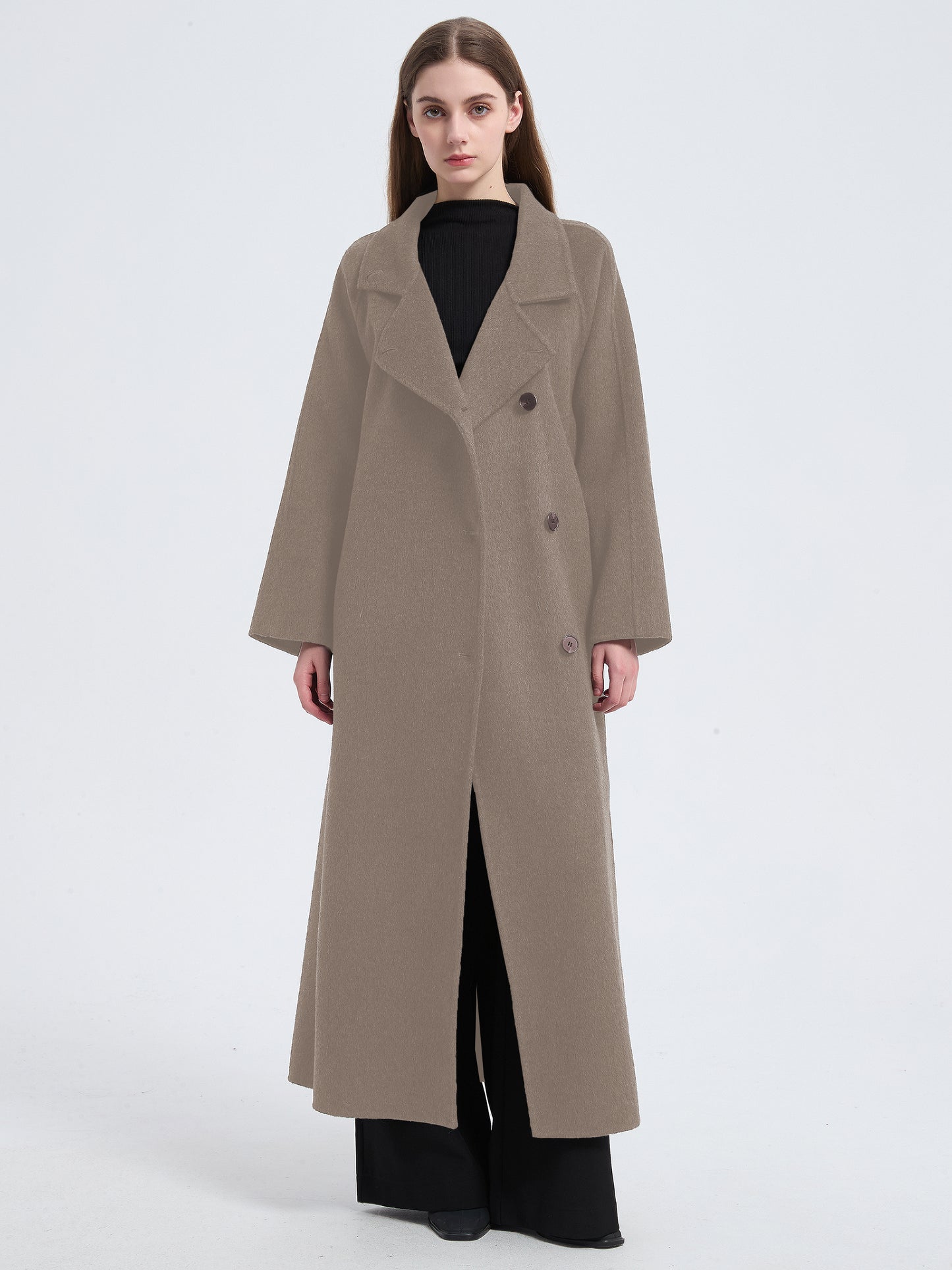 MN003 Women's 70% Wool Coat, Floor Length, Winter Standing Collared Wool Coat with Belt