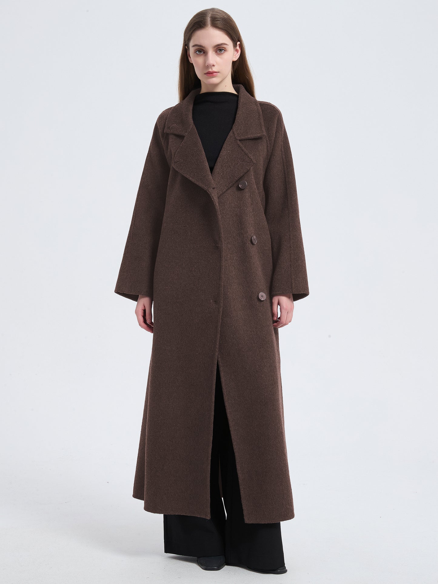 MN003 Women's 70% Wool Coat, Floor Length, Winter Standing Collared Wool Coat with Belt