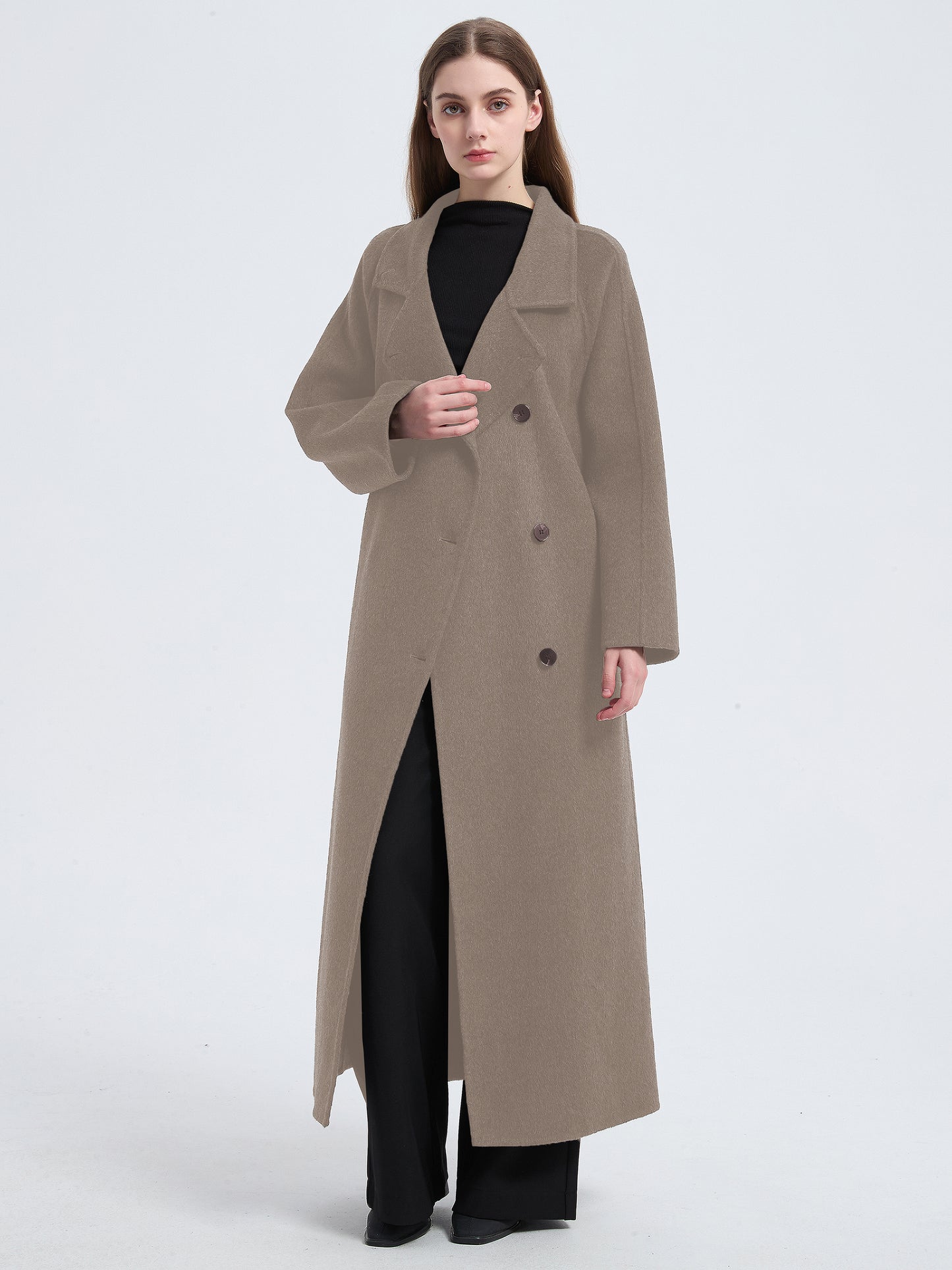MN003 Women's 70% Wool Coat, Floor Length, Winter Standing Collared Wool Coat with Belt