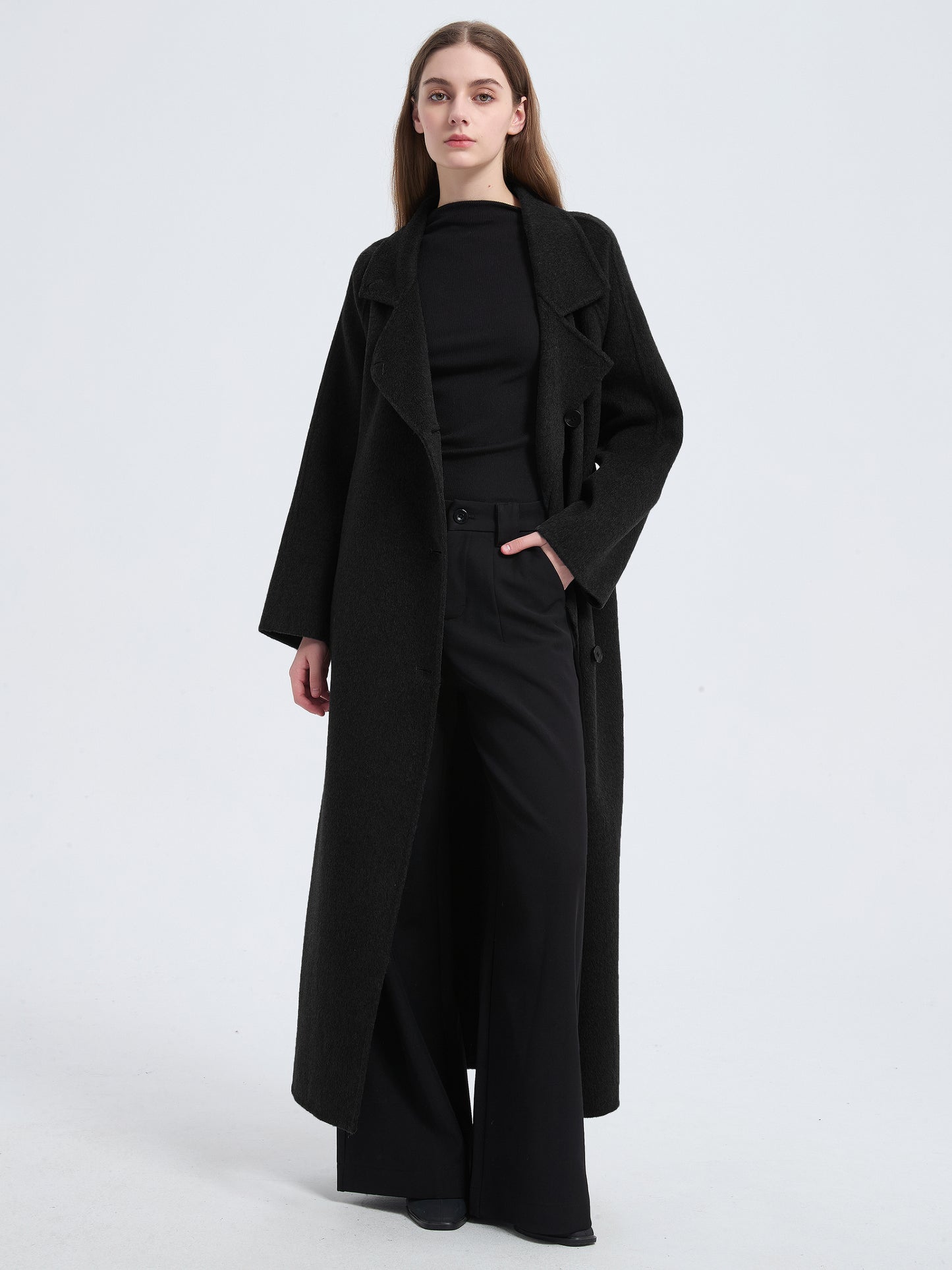MN003 Women's 70% Wool Coat, Floor Length, Winter Standing Collared Wool Coat with Belt