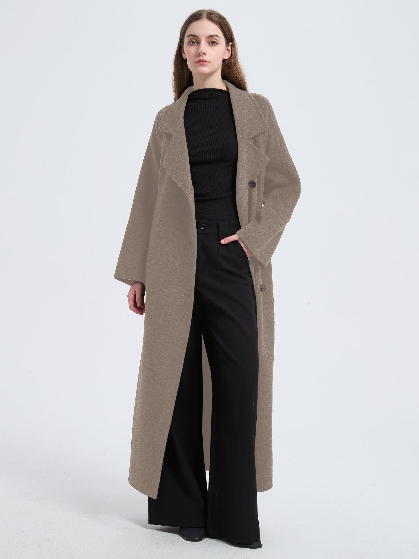 MN003 Women's 70% Wool Coat, Floor Length, Winter Standing Collared Wool Coat with Belt
