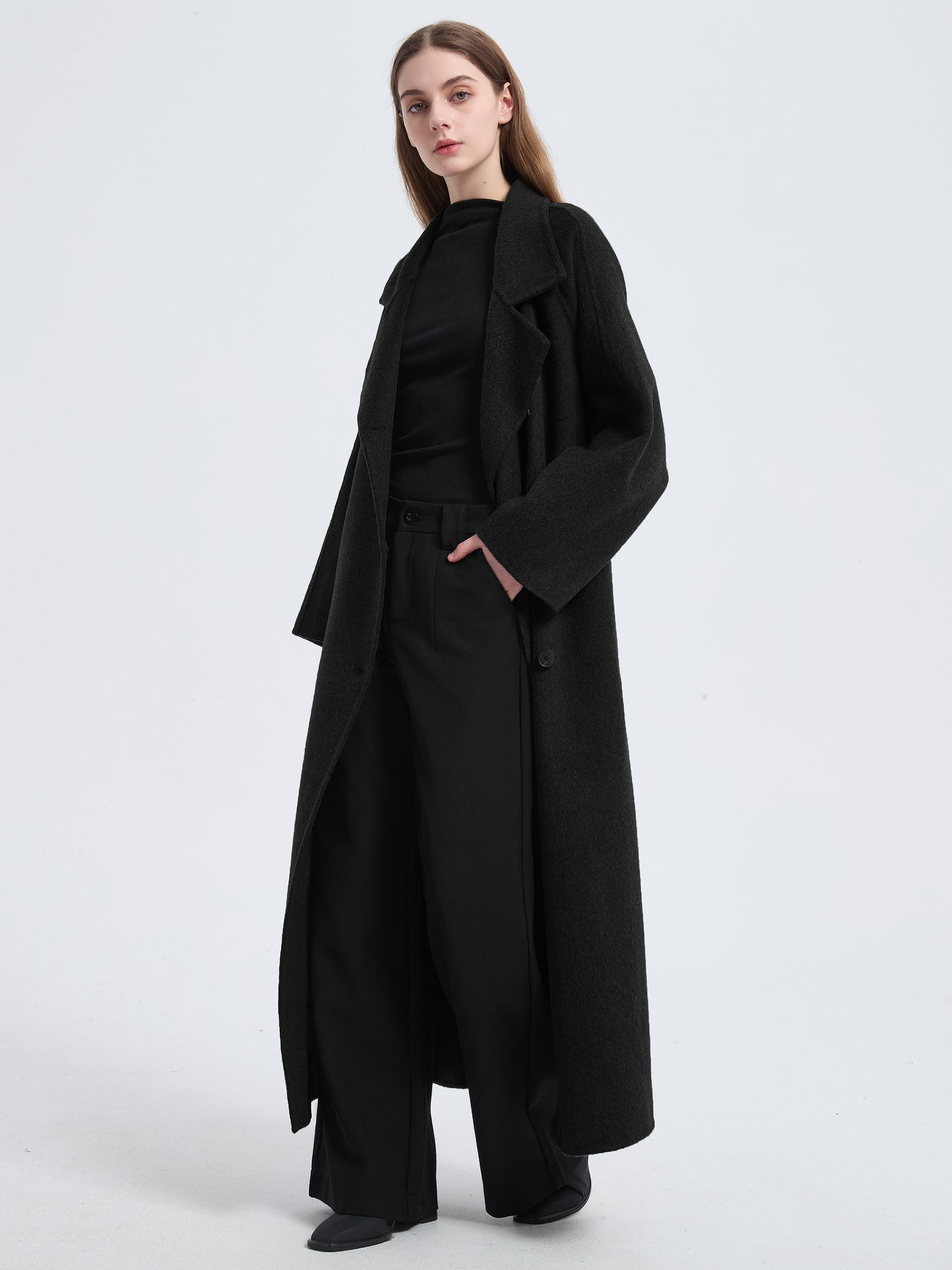 MN003 Women's 70% Wool Coat, Floor Length, Winter Standing Collared Wool Coat with Belt