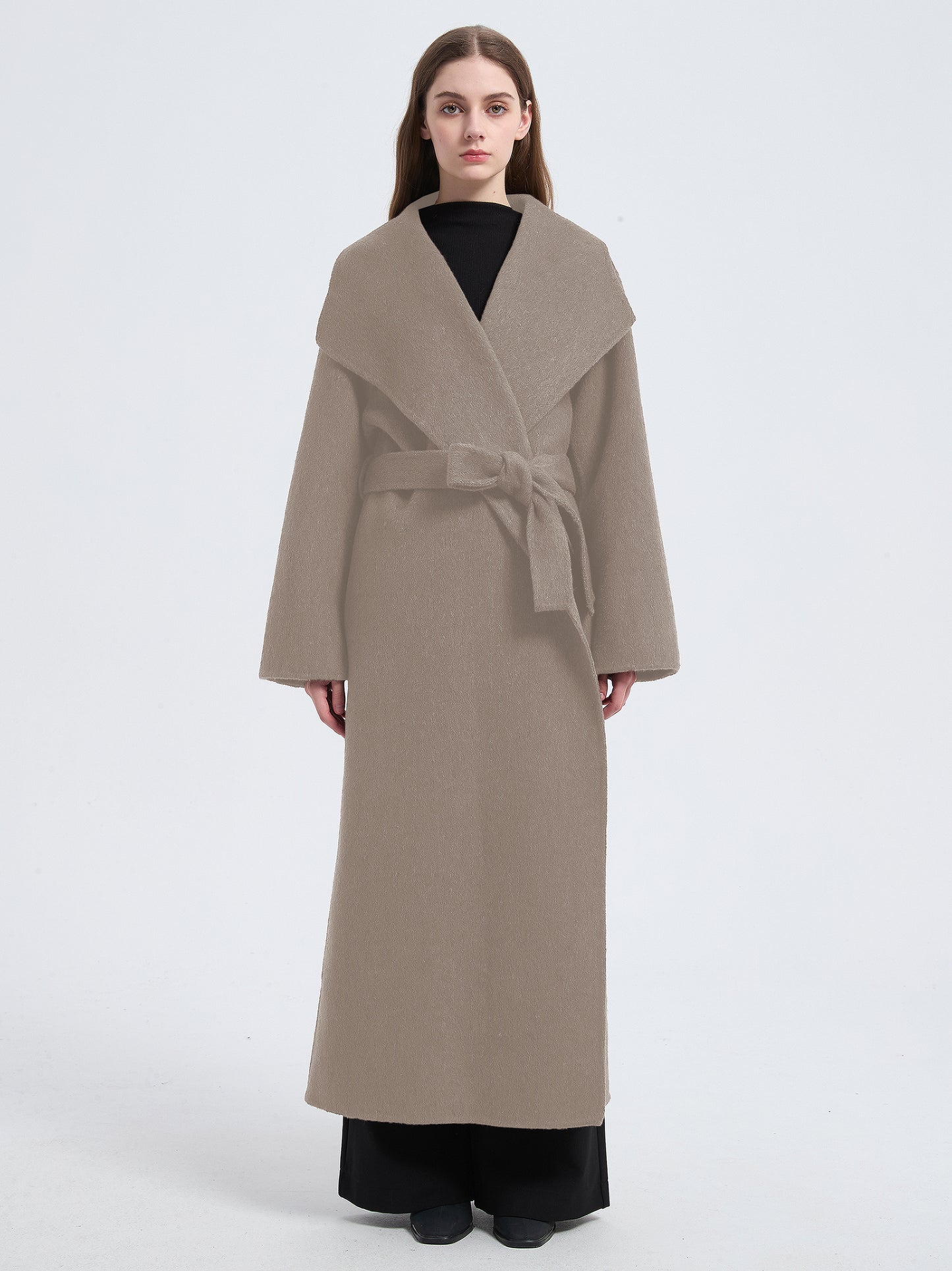MN004 Women's 70% Wool Coat, Floor Length, Winter Double-breasted Wool Coat with Belt