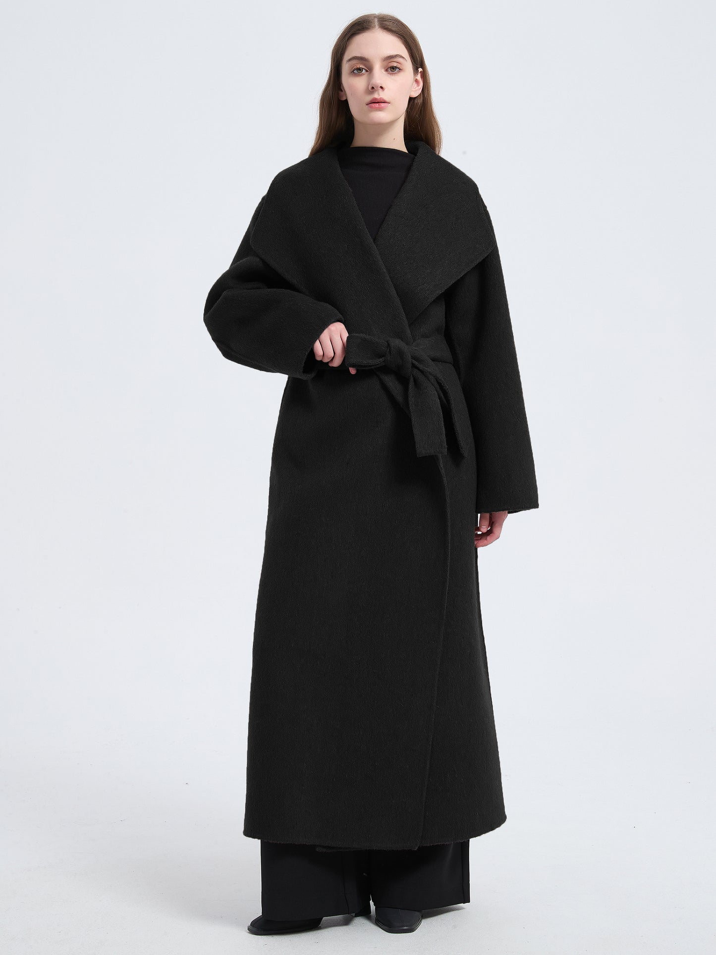 MN004 Women's 70% Wool Coat, Floor Length, Winter Double-breasted Wool Coat with Belt