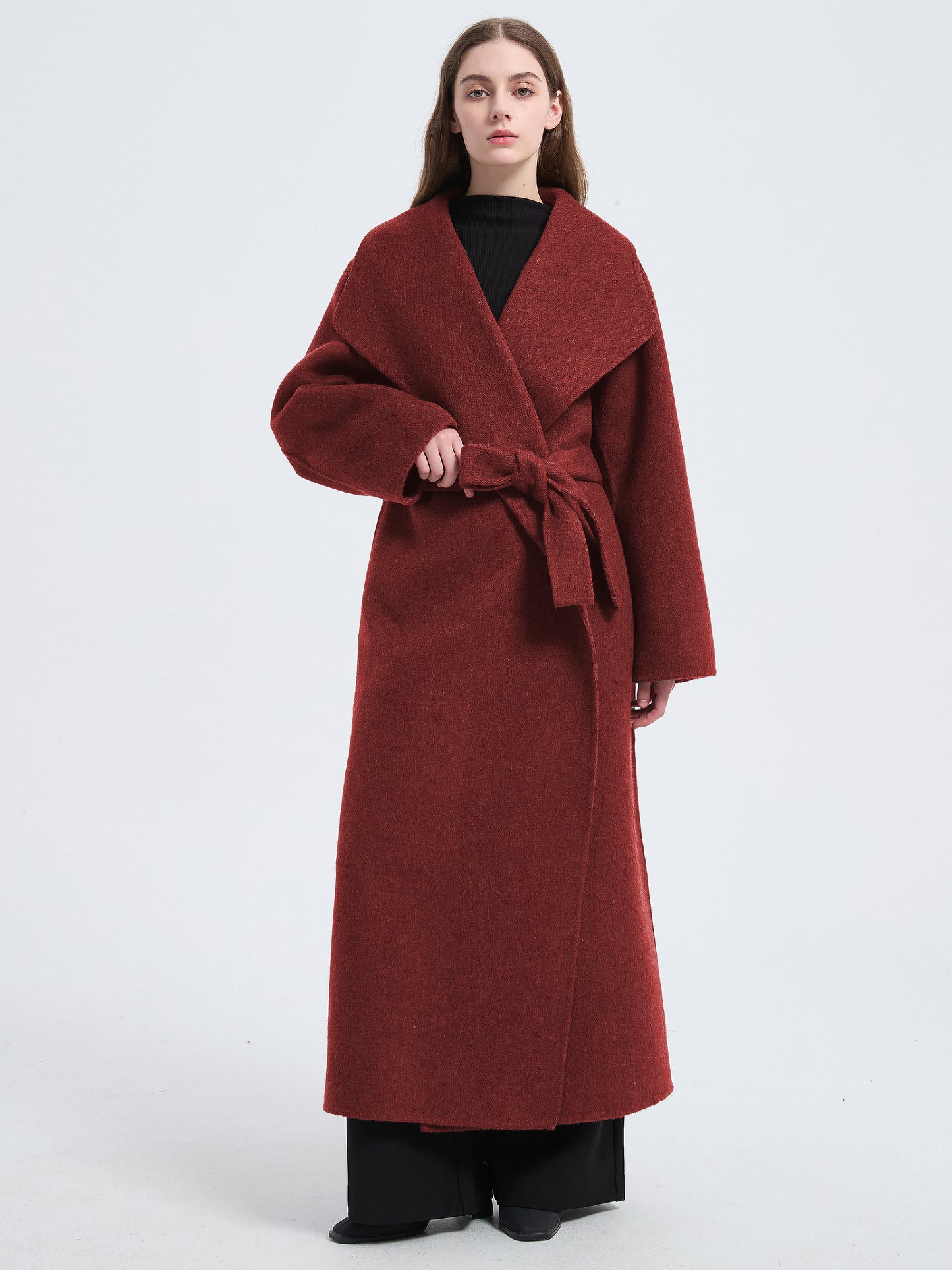 MN004 Women's 70% Wool Coat, Floor Length, Winter Double-breasted Wool Coat with Belt