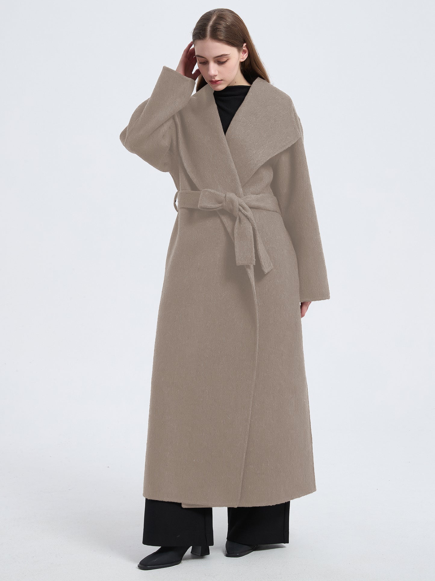 MN004 Women's 70% Wool Coat, Floor Length, Winter Double-breasted Wool Coat with Belt