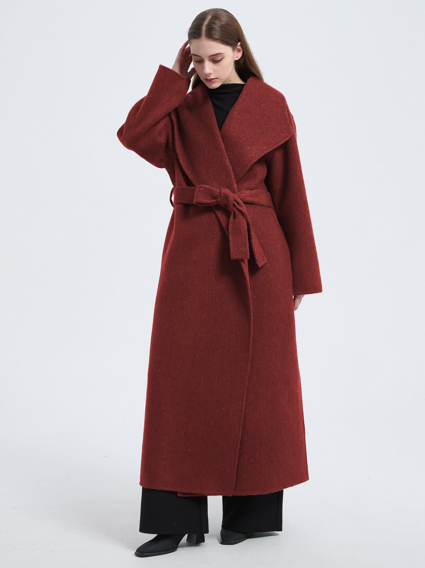 MN004 Women's 70% Wool Coat, Floor Length, Winter Double-breasted Wool Coat with Belt