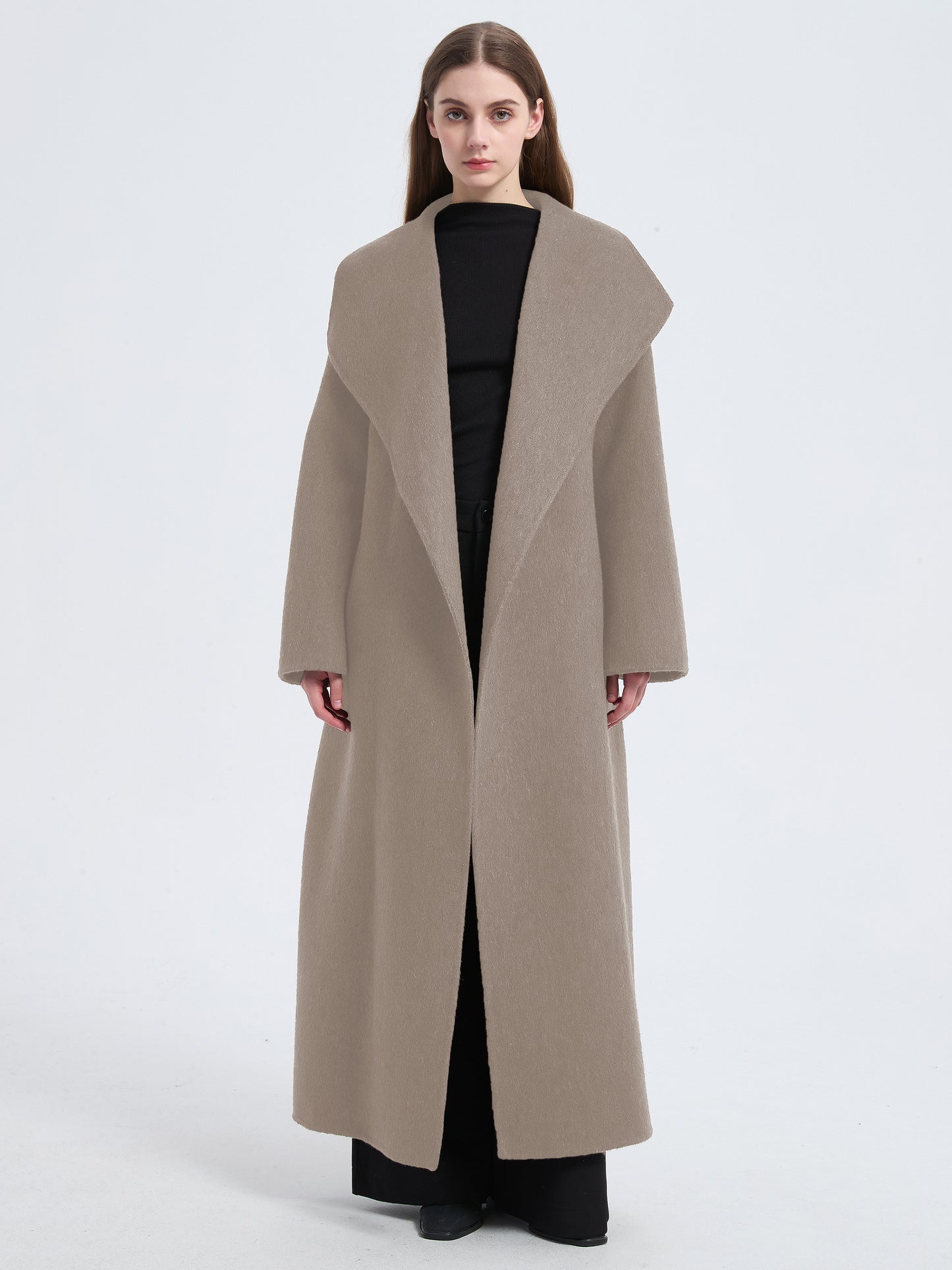 MN004 Women's 70% Wool Coat, Floor Length, Winter Double-breasted Wool Coat with Belt