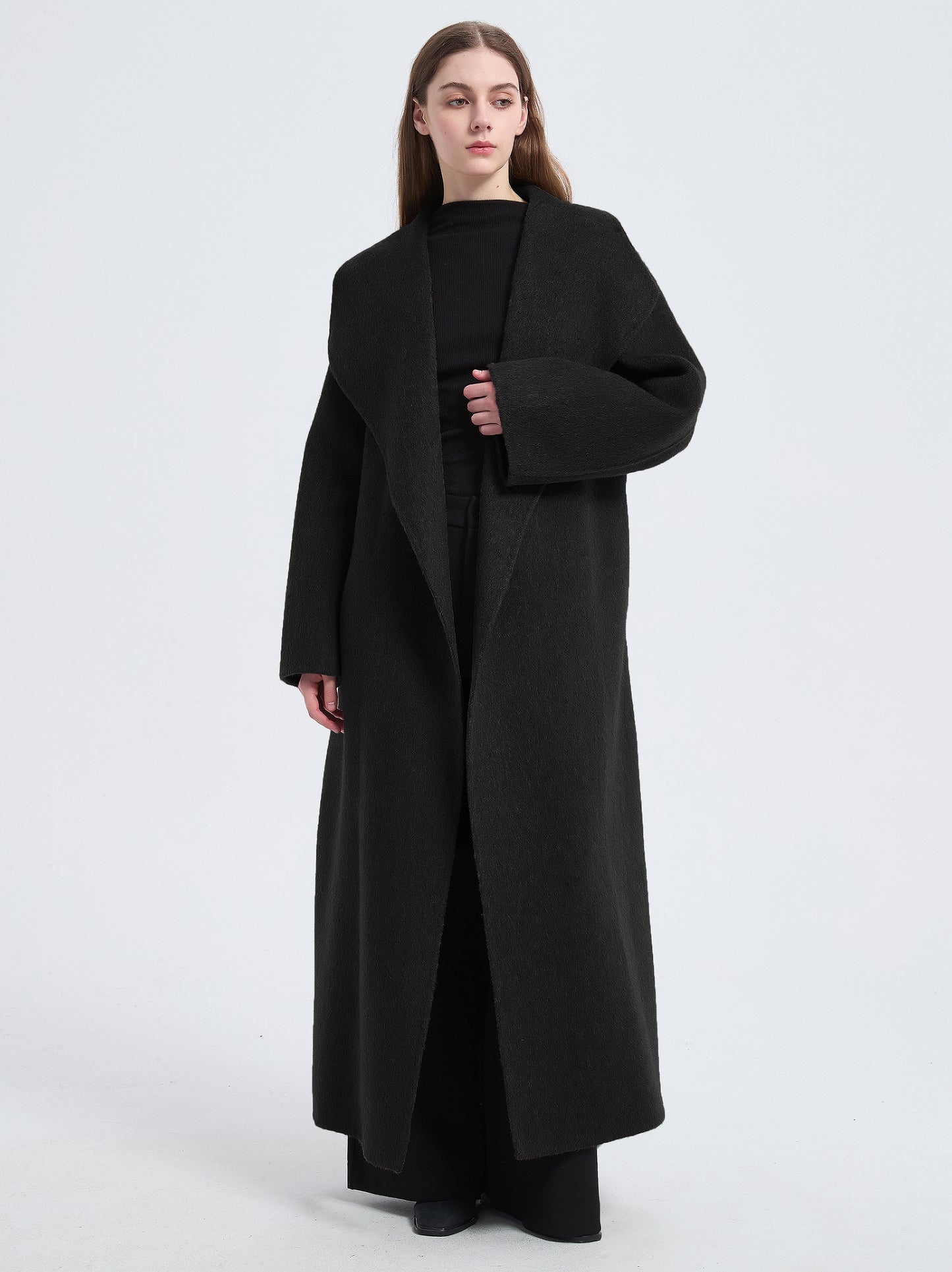 MN004 Women's 70% Wool Coat, Floor Length, Winter Double-breasted Wool Coat with Belt