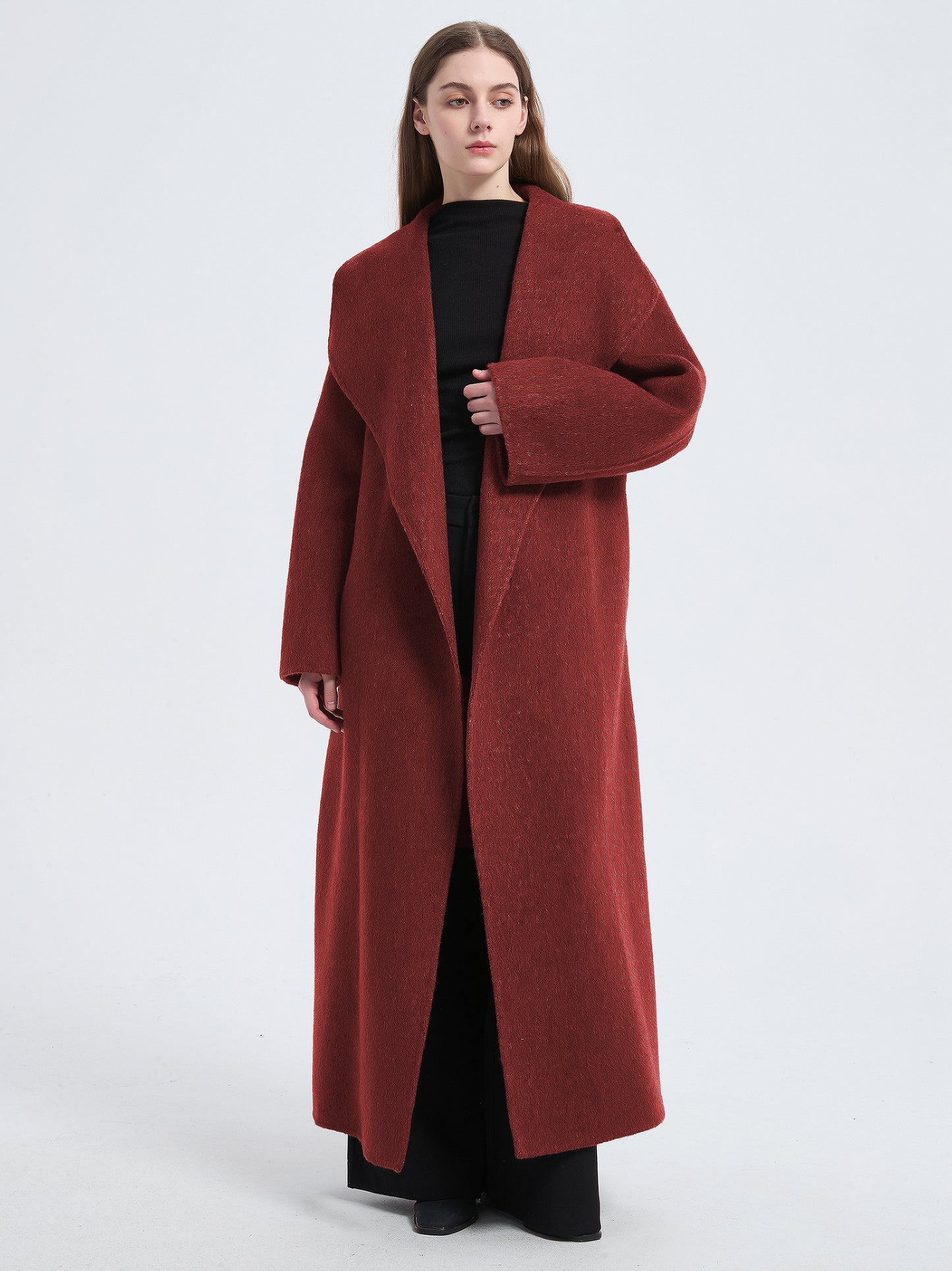 MN004 Women's 70% Wool Coat, Floor Length, Winter Double-breasted Wool Coat with Belt