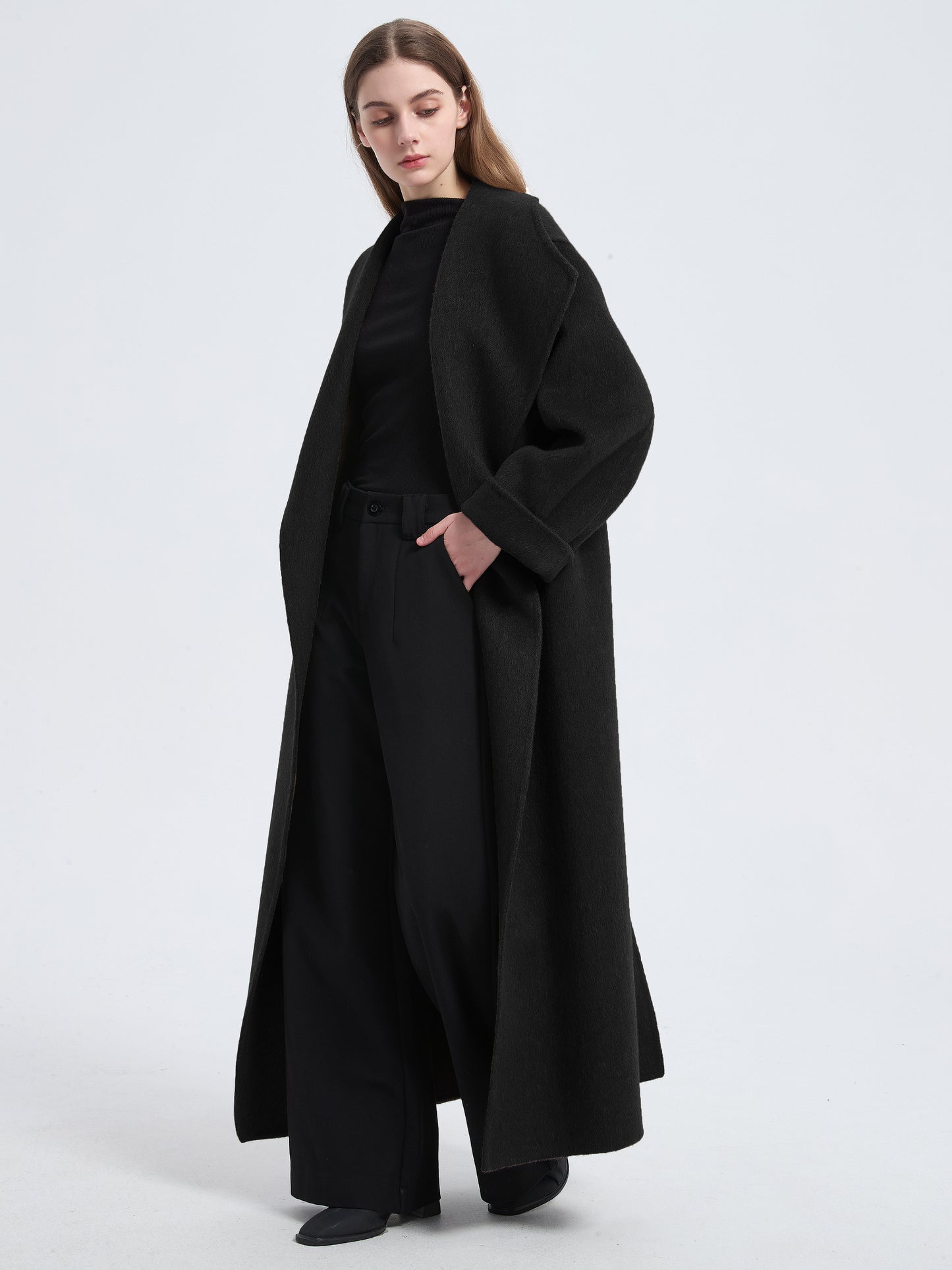 MN004 Women's 70% Wool Coat, Floor Length, Winter Double-breasted Wool Coat with Belt