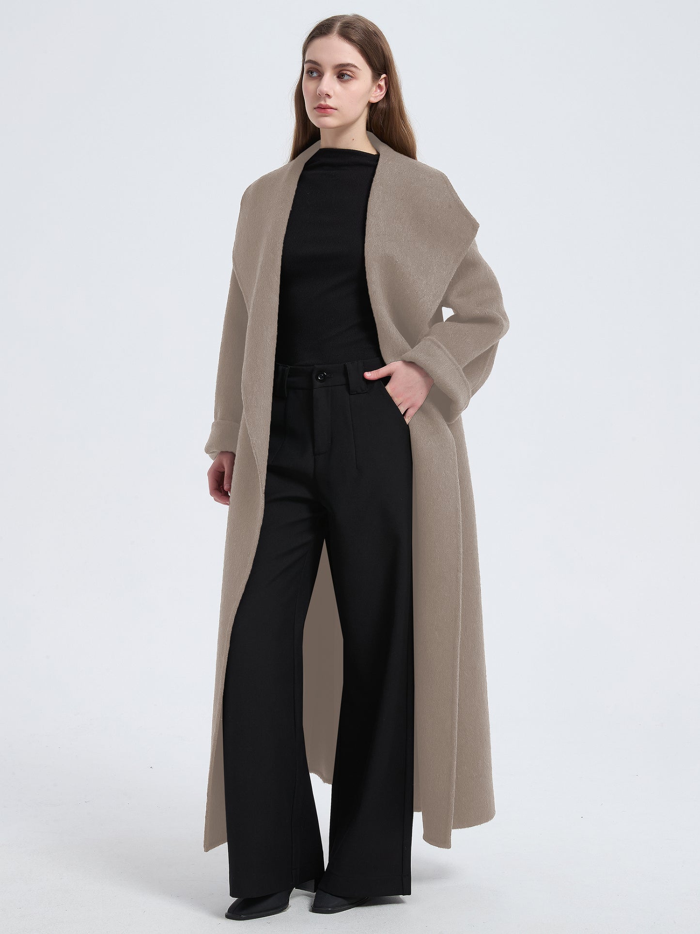 MN004 Women's 70% Wool Coat, Floor Length, Winter Double-breasted Wool Coat with Belt