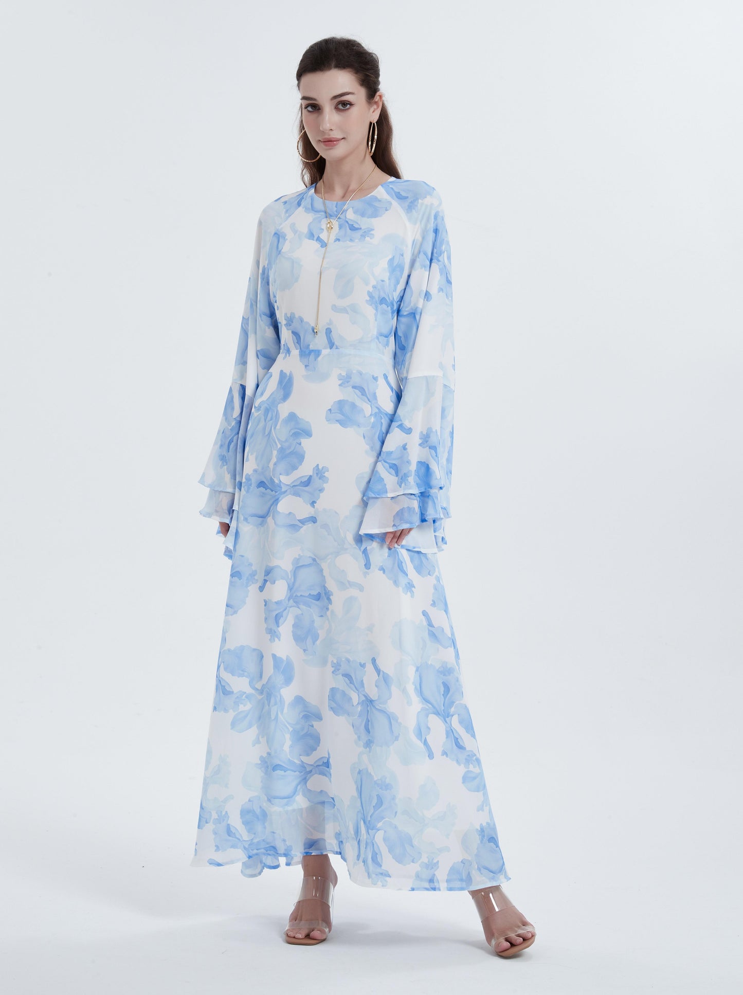 MSL8266 Ramadan kebaya Muslim women's chiffon print flared sleeve dress headscarf two-piece set