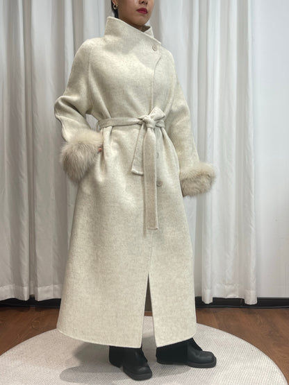 CT017 Wool Coat - 100% Wool, High Collar, Belted, Button Front, Long Length | Hojumbo