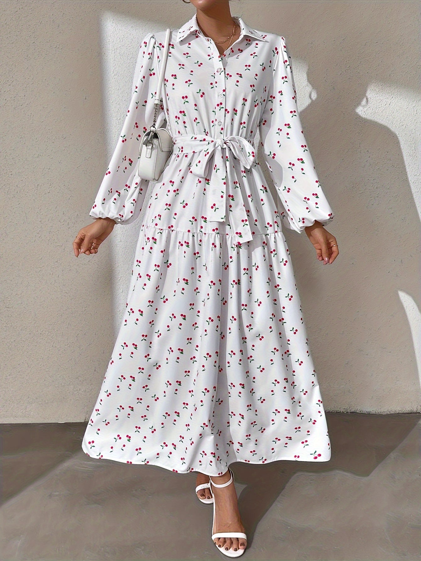 Ramadan Abaya Floral Print Button Front Dress, Casual Lantern Sleeve Dress For Spring & Fall, Women's Clothing Kebaya Kaftan MSL152