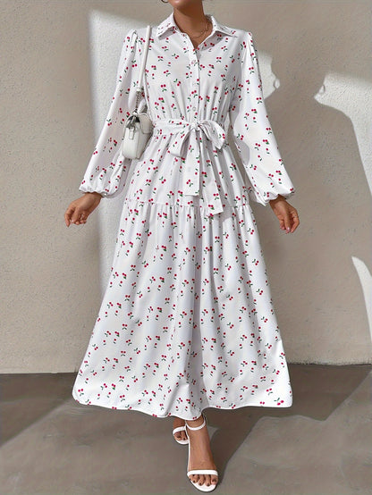 Ramadan Abaya Floral Print Button Front Dress, Casual Lantern Sleeve Dress For Spring & Fall, Women's Clothing Kebaya Kaftan MSL152