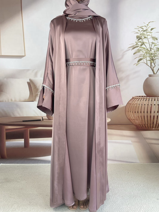 【Auf Lager】Luxus-Satin-Abaya mit Diamantquastengürtel, 6-teiliges Set MSL041