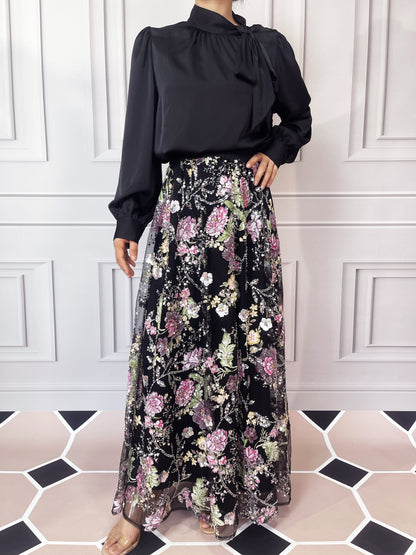 MSL903 Luxurious Women's Two-piece Set, Long-sleeved Top and Floral Bead and Sequin Skirt