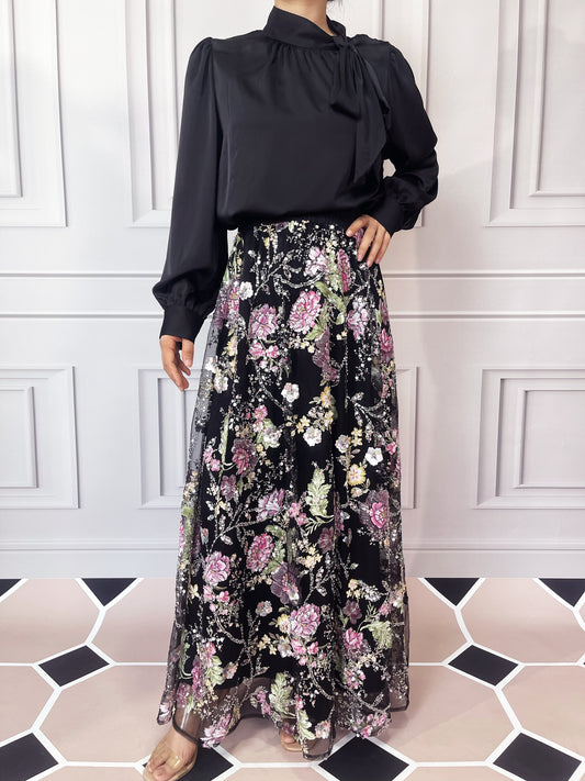 MSL903 Luxurious Women's Two-piece Set, Long-sleeved Top and Floral Bead and Sequin Skirt