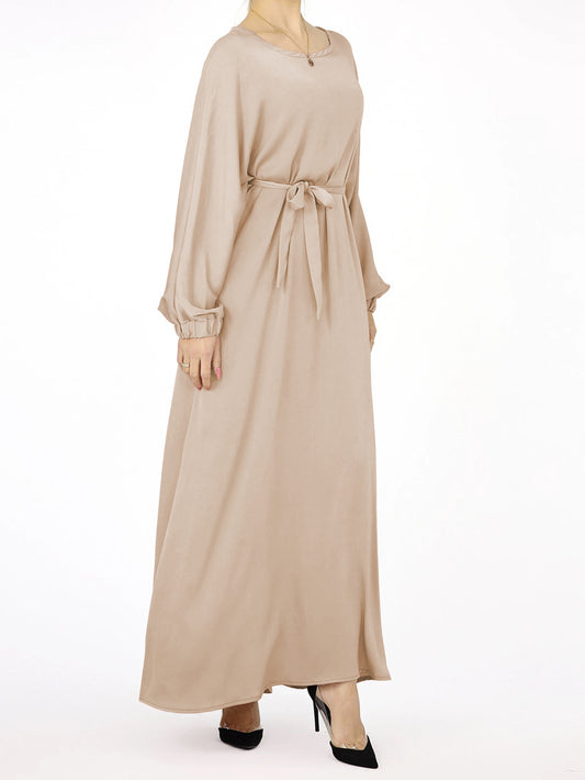 Ramadan Rundhals Langarm Kaftan Kleid, Elegantes Maxikleid mit Bindeband, Damenbekleidung MSL17