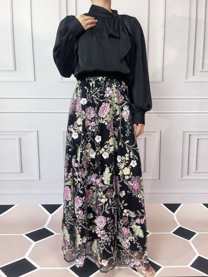 MSL903 Luxurious Women's Two-piece Set, Long-sleeved Top and Floral Bead and Sequin Skirt