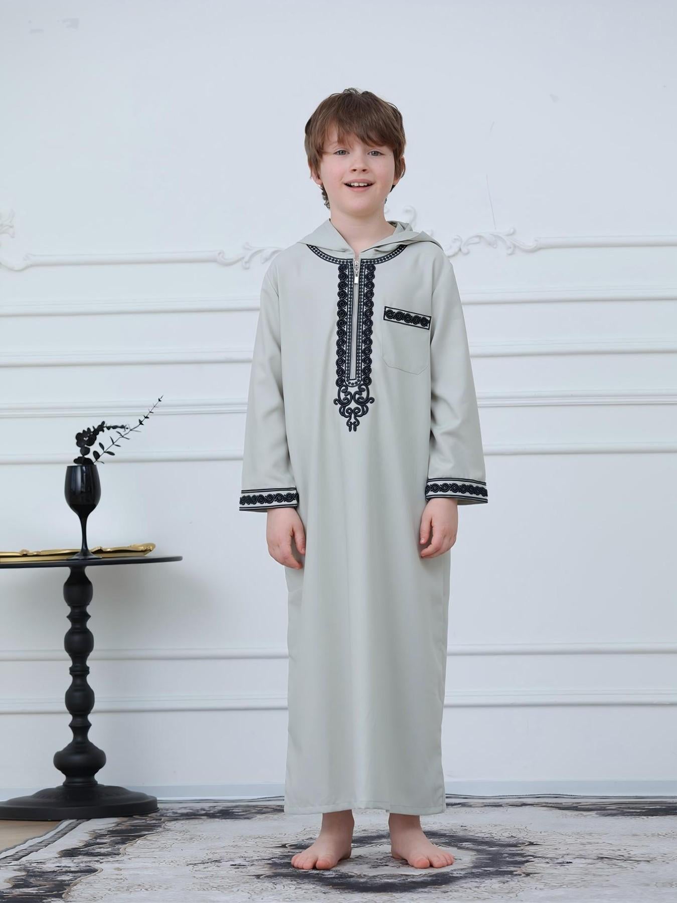 KID0012 Boys' Moroccan Robe Hooded Embroidered Loose Fit Abaya, Muslim Boys' Clothing, Comfortable Long Sleeve Dressing Gown