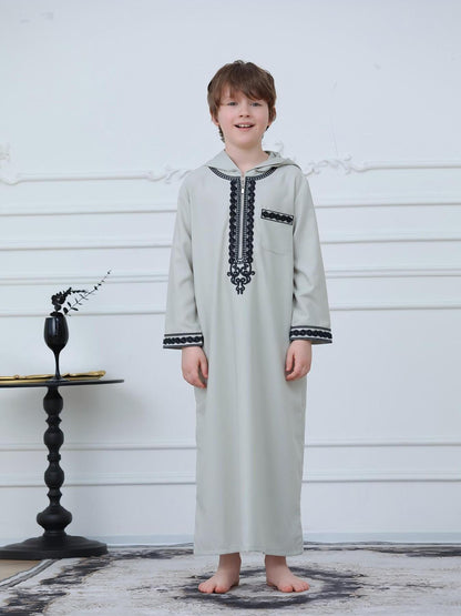 KID0012 Boys' Moroccan Robe Hooded Embroidered Loose Fit Abaya, Muslim Boys' Clothing, Comfortable Long Sleeve Dressing Gown