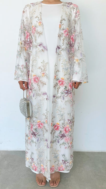 MSL896 White Pearl Flowers Open Abaya Set