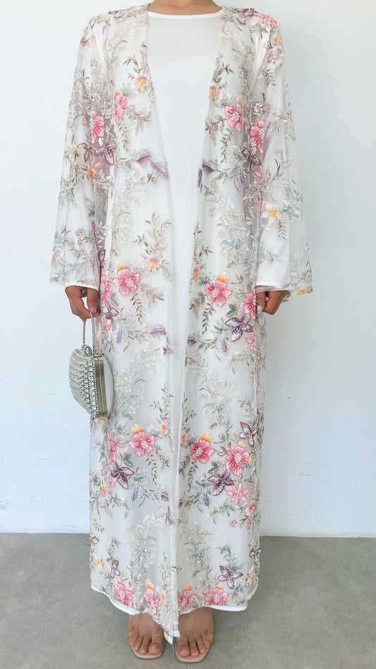 MSL896 White Pearl Flowers Open Abaya Set