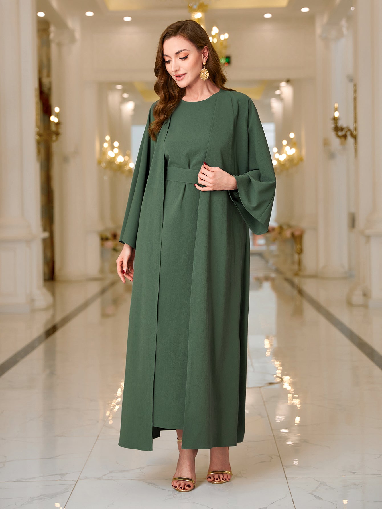 MSL126 Kaftan Abaya Set - Bell Sleeve Cardigan & Maxi Dress for Women | Hojumbo