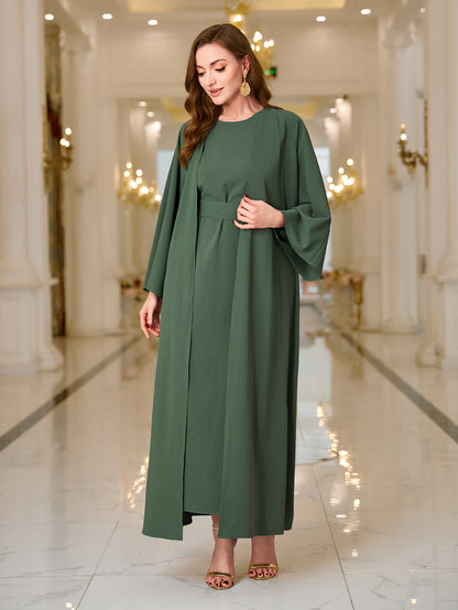 MSL126 Kaftan Abaya Set - Bell Sleeve Cardigan & Maxi Dress for Women | Hojumbo