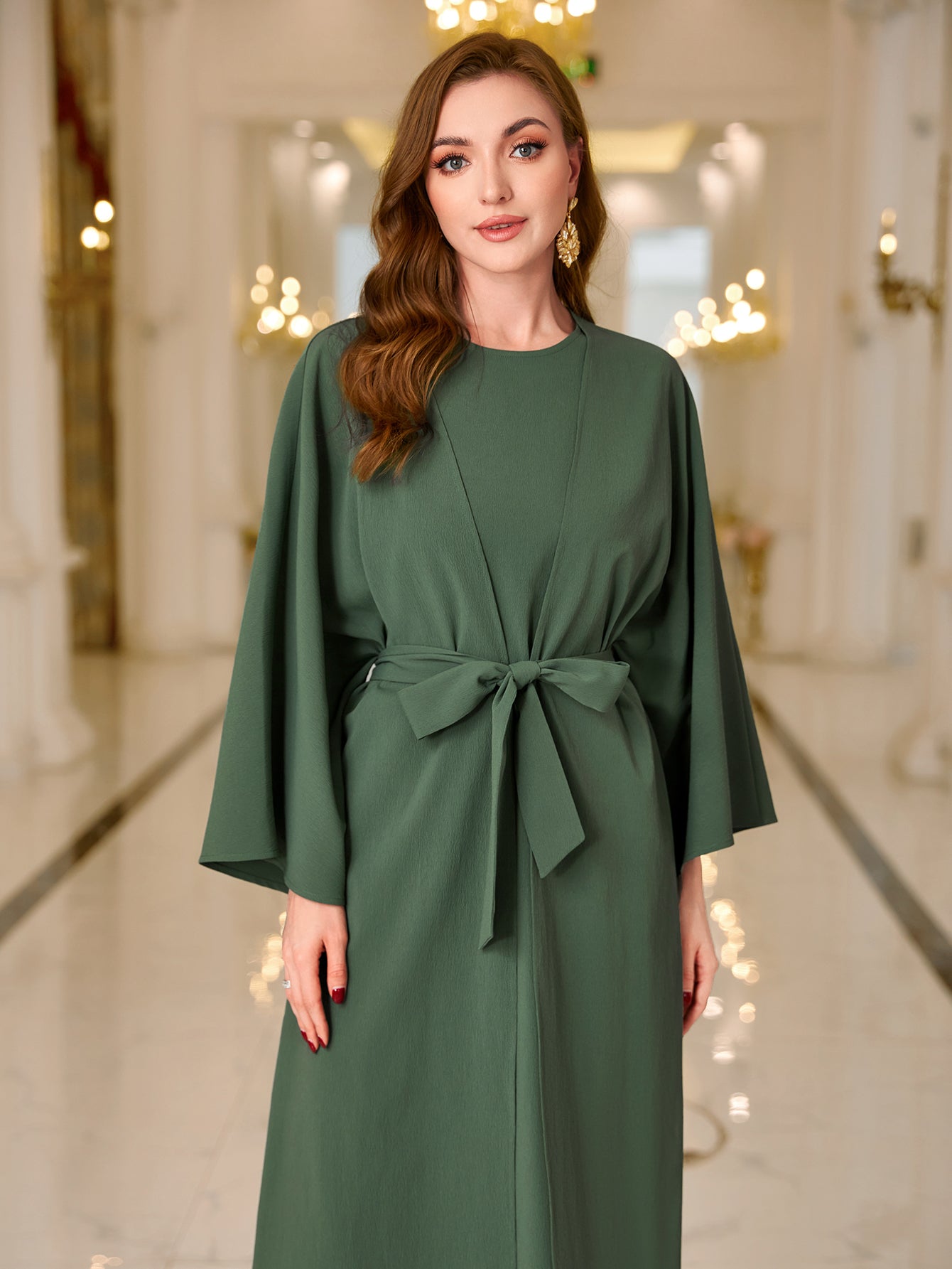 MSL126 Kaftan Abaya Set - Bell Sleeve Cardigan & Maxi Dress for Women | Hojumbo