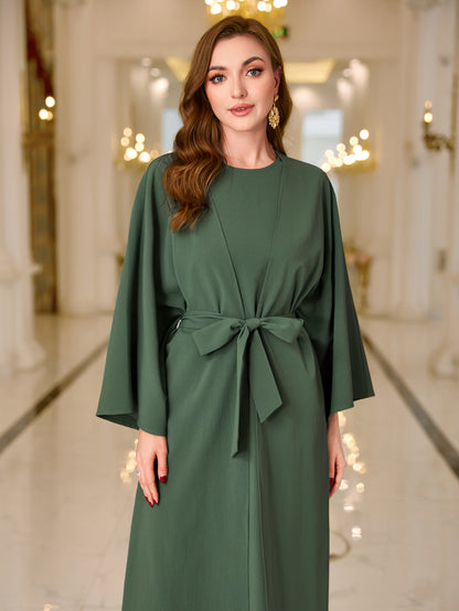 MSL126 Kaftan Abaya Set - Bell Sleeve Cardigan & Maxi Dress for Women | Hojumbo