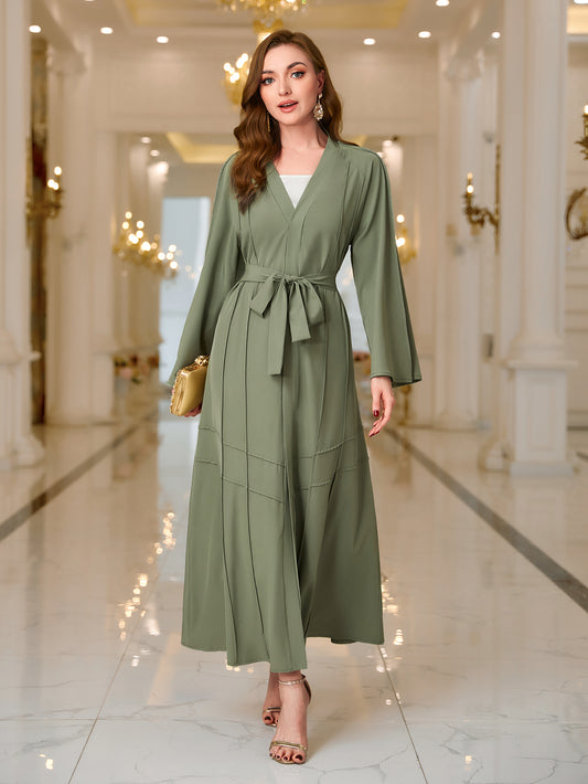 Elegantes Ramadan-Kaftan-Kleid mit ausgestellten Ärmeln und V-Ausschnitt mit Gürtel – Maxi-Kleidung für Damen MSL98