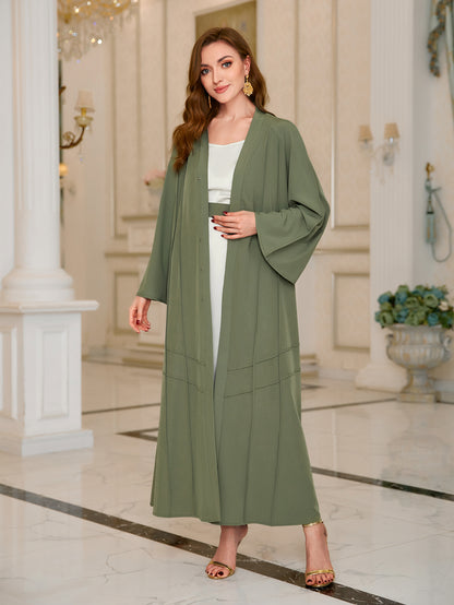 Elegant Ramadan Kaftan Dress with Flare Sleeves and Belted V-Neck - Women's Maxi Length Clothing MSL98
