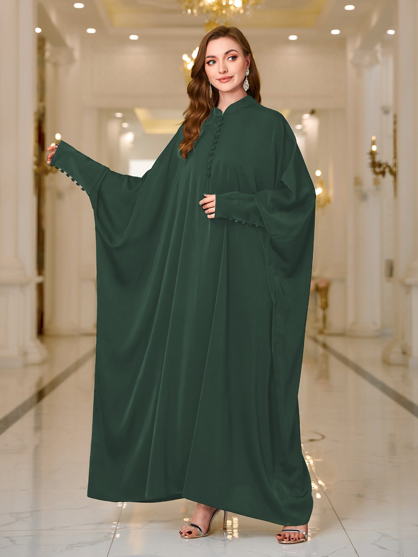 Ramadan Abaya Button Front Batwing Sleeve Modest Dress, Elegant Loose Solid Color Cloak Maxi Outwear Kaftan, Women's Clothing MSL125