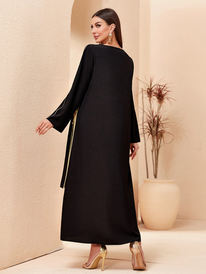 MSL151 Modest Dress - Contrast Color, Bow Tie, Waist Tie, Everyday | Hojumbo