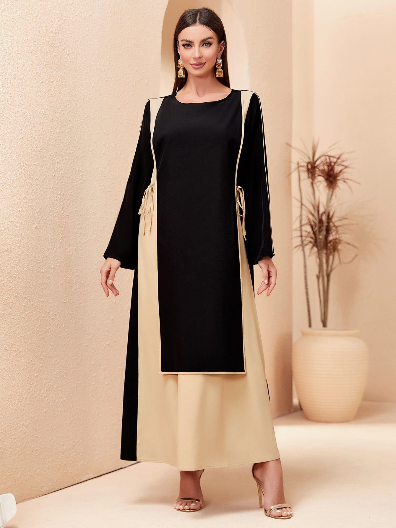 MSL151 Modest Dress - Contrast Color, Bow Tie, Waist Tie, Everyday | Hojumbo