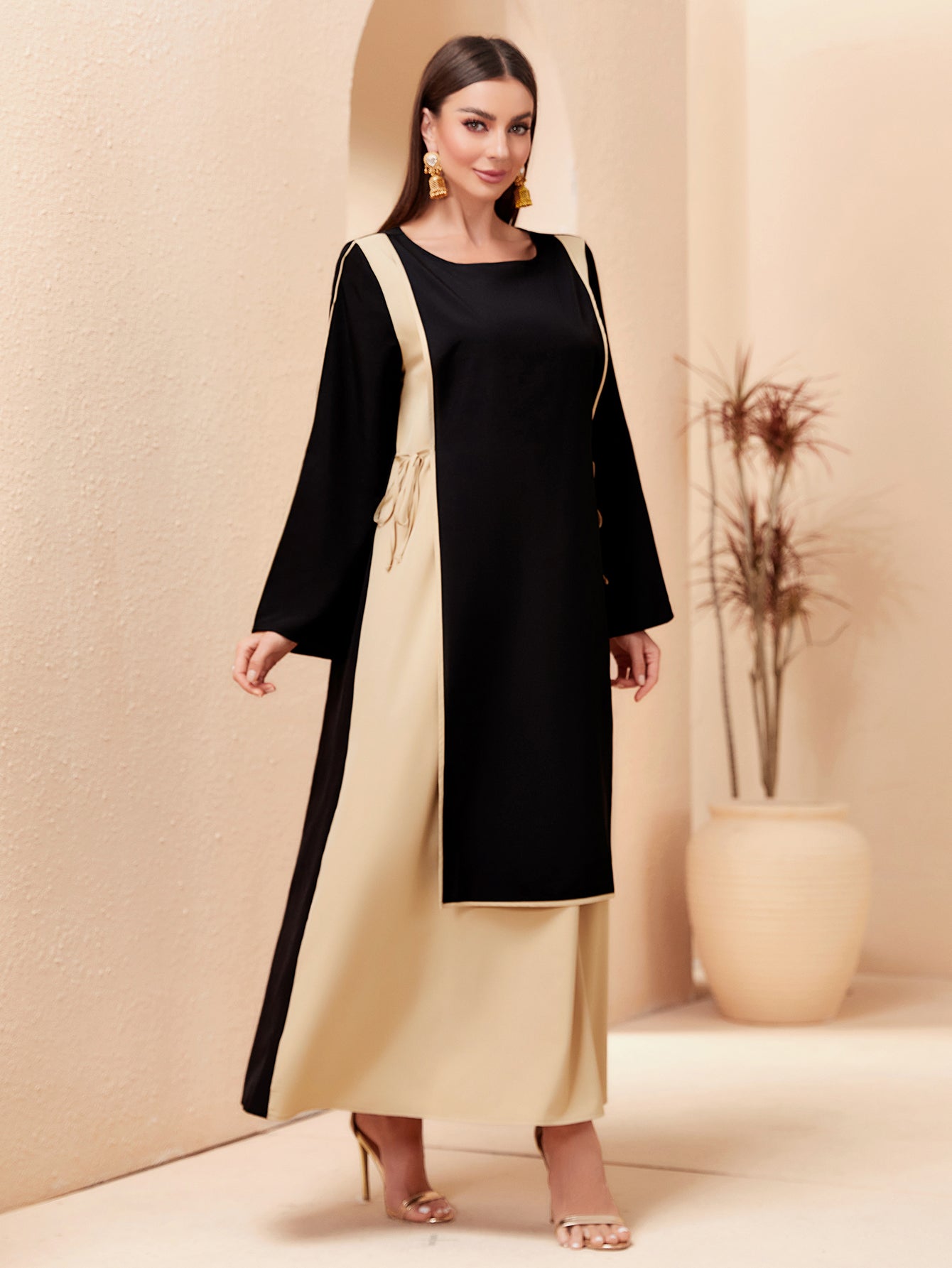 MSL151 Modest Dress - Contrast Color, Bow Tie, Waist Tie, Everyday | Hojumbo