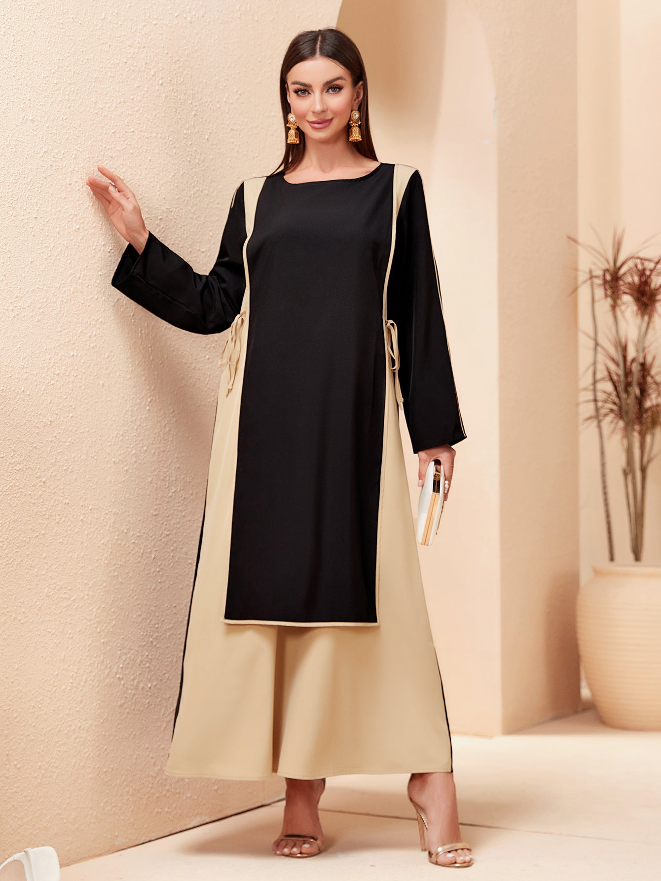 MSL151 Modest Dress - Contrast Color, Bow Tie, Waist Tie, Everyday | Hojumbo