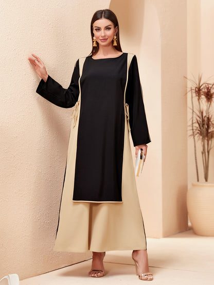 MSL151 Modest Dress - Contrast Color, Bow Tie, Waist Tie, Everyday | Hojumbo